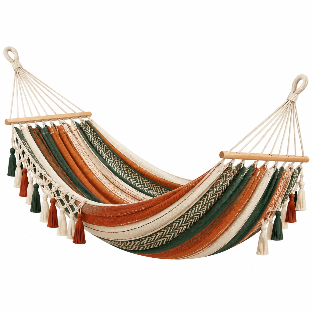 Amaca sospesa 200 x 100 cm in cotone beige verde e arancione con nappe