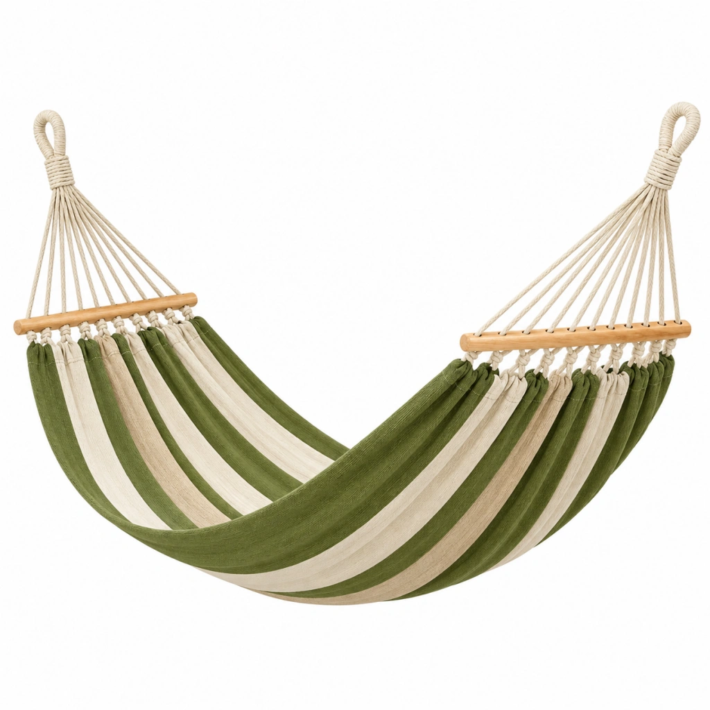 Amaca 300 x 100 cm in cotone verde e beige con barra in legno - sospesa da giardino