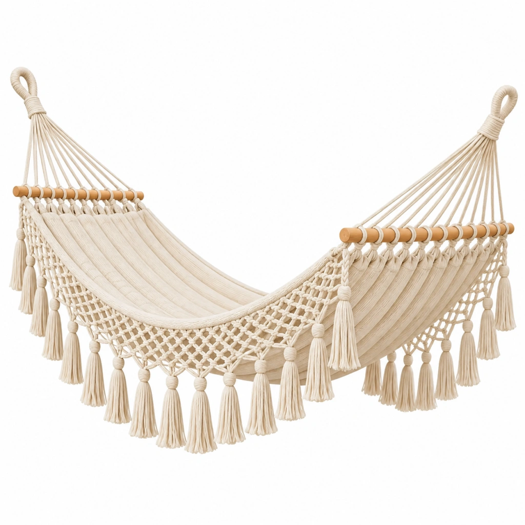Amaca 200 x 80 x 120 cm in cotone beige con barre in legno stile boho