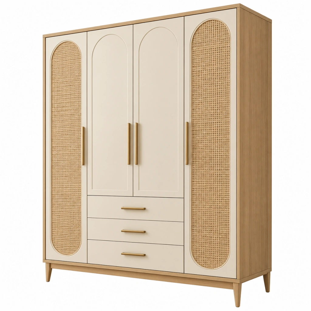 Armadio 160 x 55 x 200 cm in legno beige e naturale con ante in rattan stile moderno