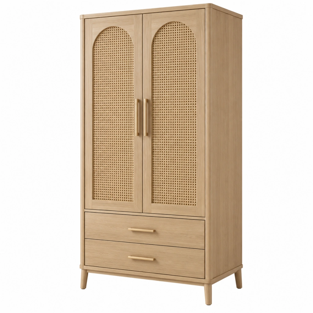 Armadio 90 x 45 x 180 cm in legno naturale e rattan con 2 ante e 2 cassetti stile bohemien