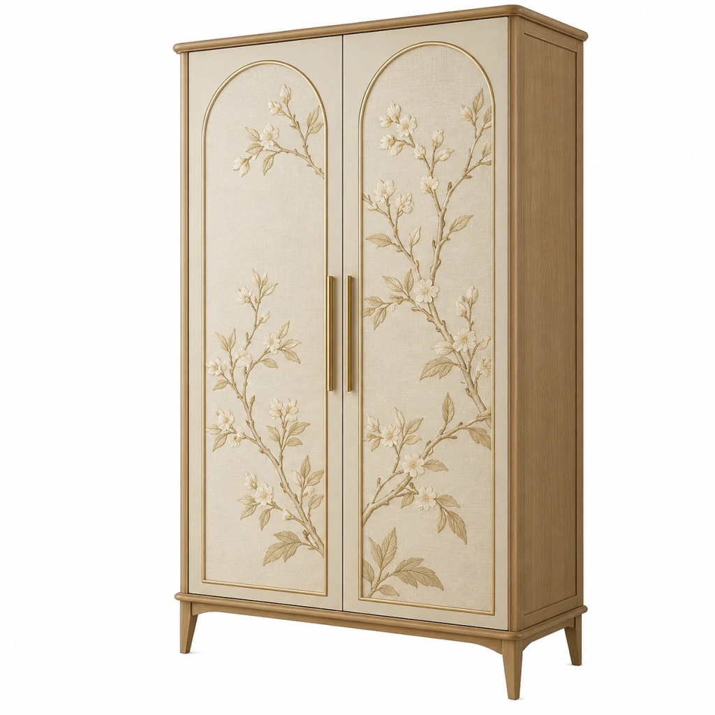 Armadio guardaroba 100 x 55 x 190 cm in legno beige e naturale a due ante con decoro floreale stile classico - Ulmavora