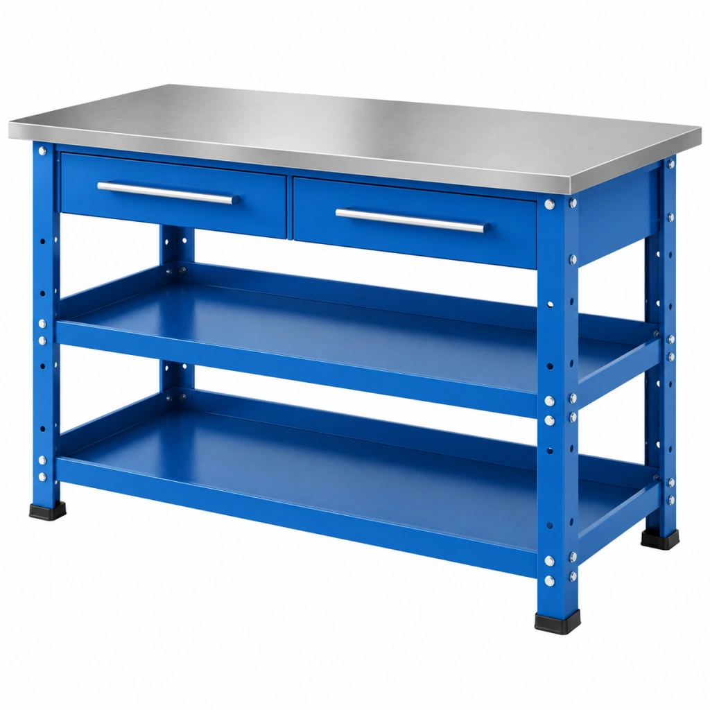 Banco da lavoro 120 x 60 x 85 cm in acciaio blu con piano inox e 2 cassetti - Ulmavora