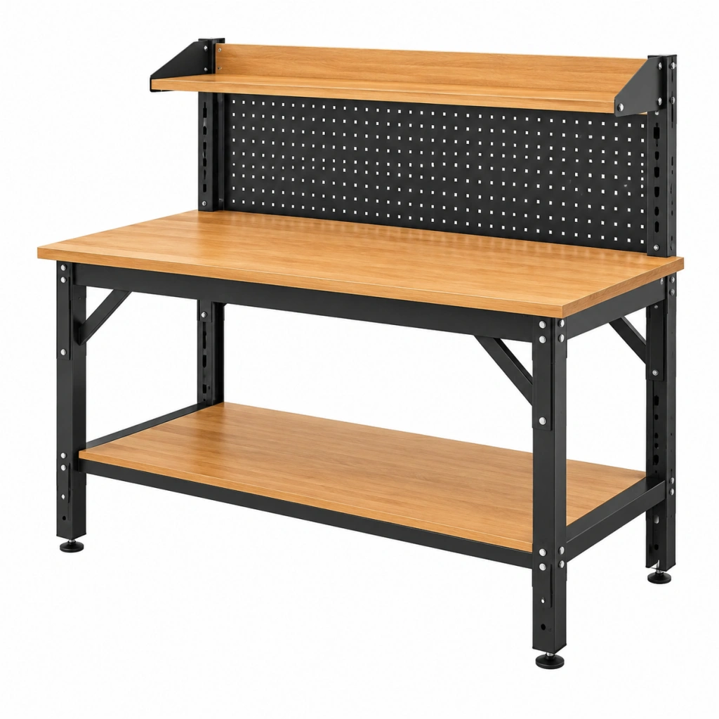 Banco da lavoro 120 x 60 x 150 cm in acciaio e legno marrone nero con pannello portautensili - Ulmavora