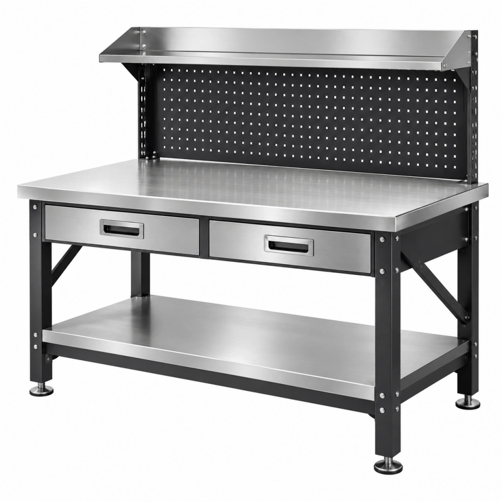 Banco da lavoro 120 x 60 x 160 cm in metallo argento nero con cassetti e pannello portautensili - Ulmavora