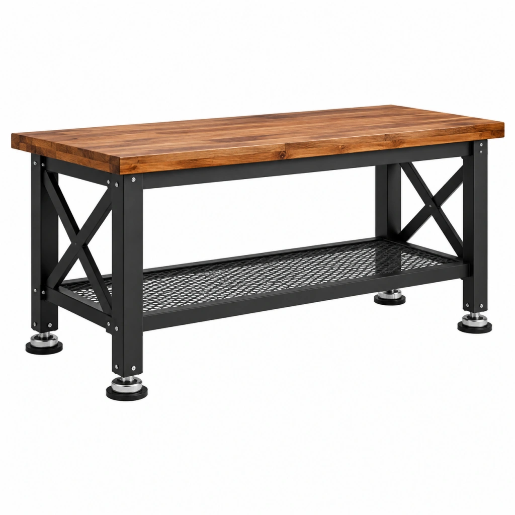 Banco da lavoro 120 x 60 x 90 cm in legno e metallo marrone nero con ripiano inferiore stile industriale - Ulmavora