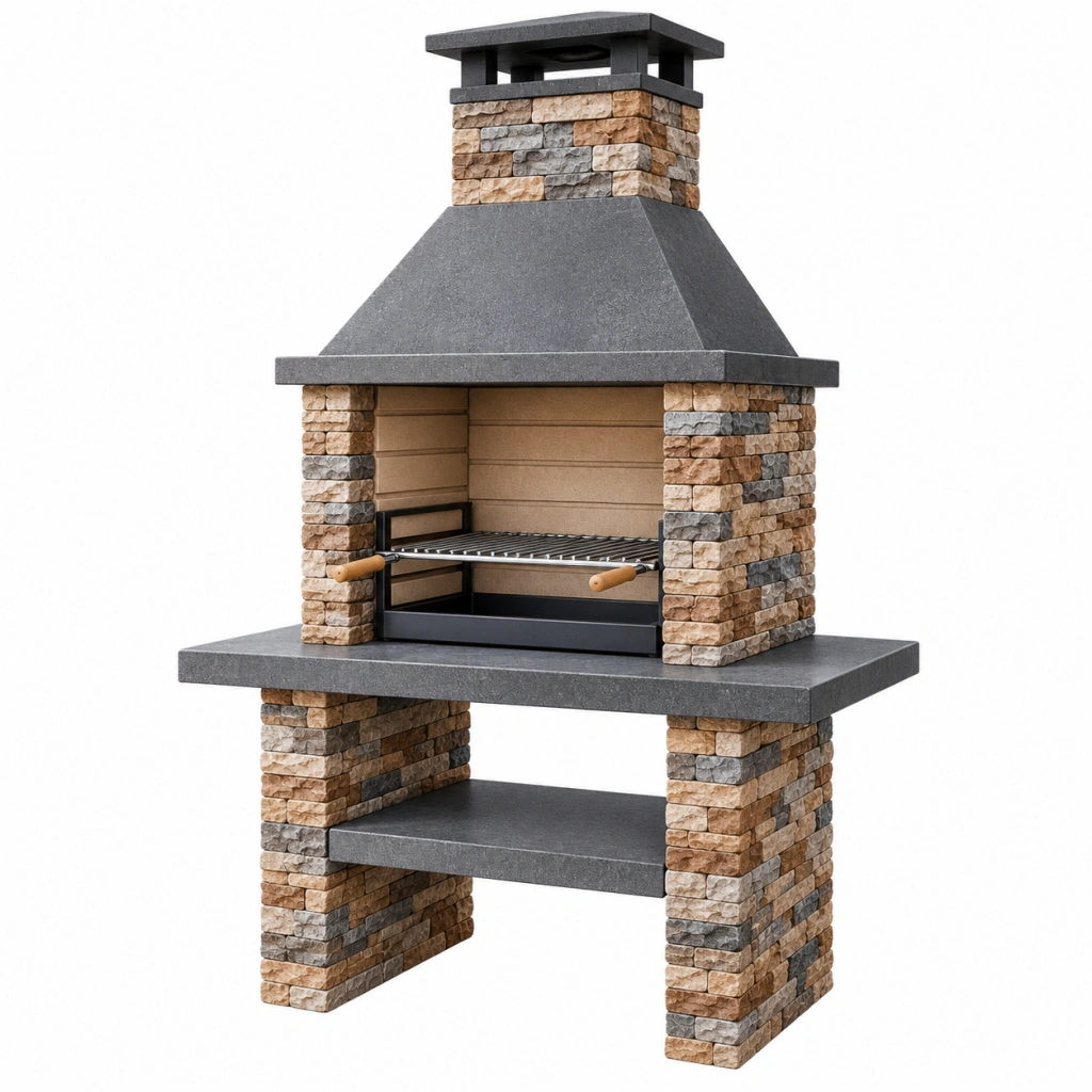 Barbecue da giardino 100 x 60 x 210 cm in pietra grigio beige con griglia regolabile - Ulmavora