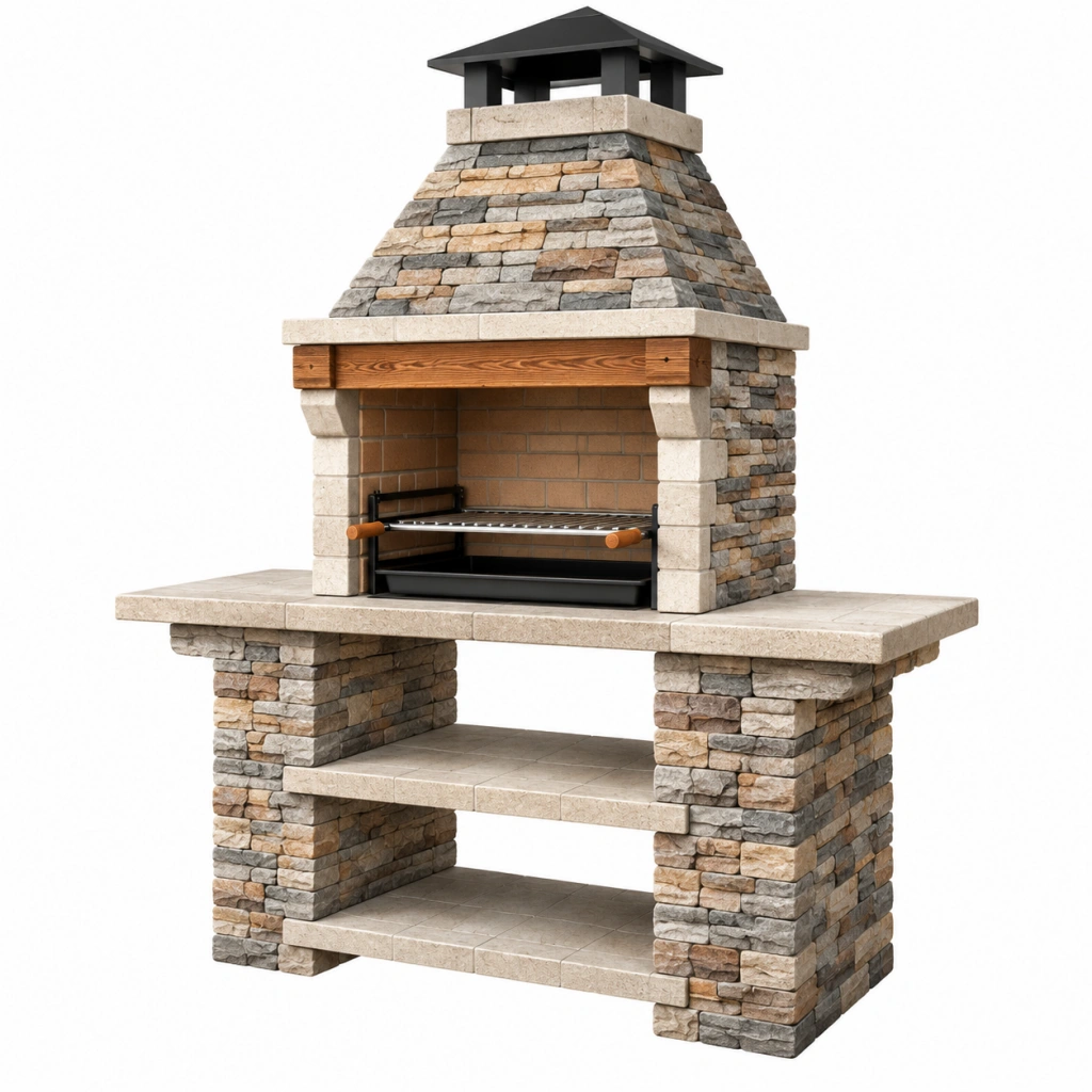Barbecue da giardino 160 x 70 x 250 cm in pietra beige/grigio con griglia regolabile - stile rustico - Ulmavora