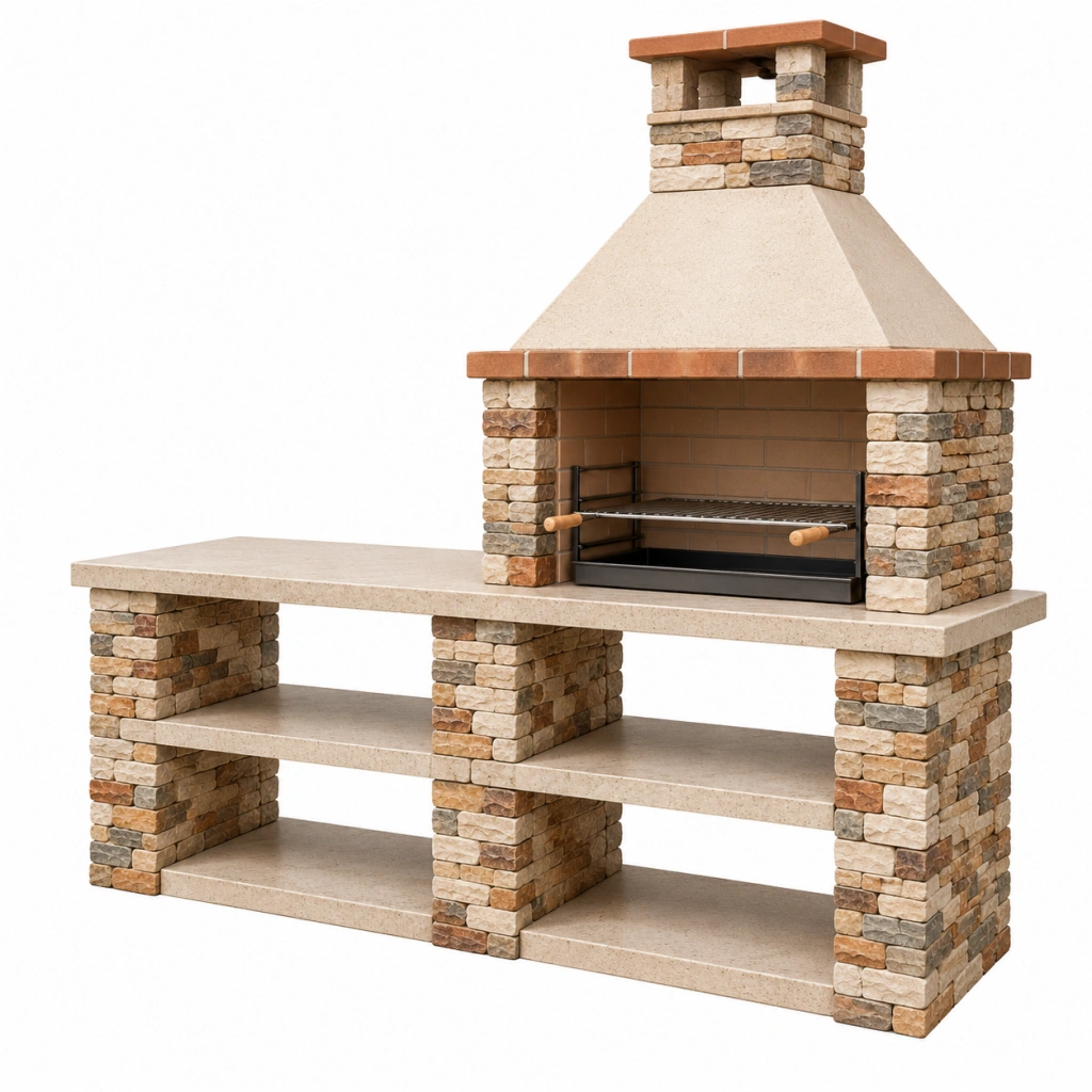 Barbecue da giardino 180 x 70 x 230 cm in pietra beige con griglia in acciaio stile rustico - Ulmavora