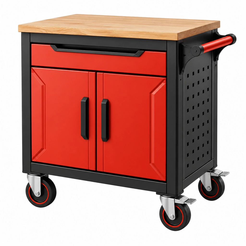 Carrello portautensili 80 x 45 x 90 cm in acciaio rosso con piano in legno - mobile da officina con ruote - Ulmavora