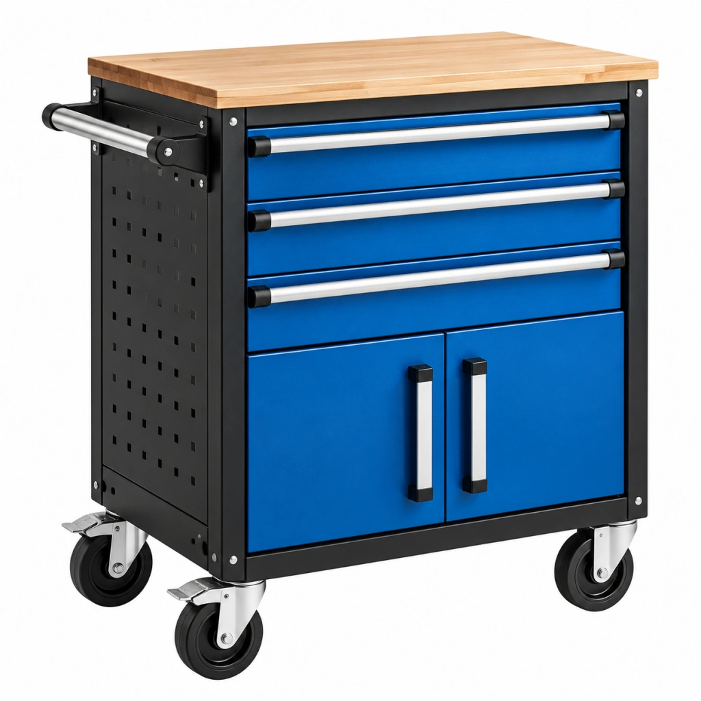 Carrello portautensili 76 x 46 x 93 cm in metallo blu con piano in legno e ruote - Ulmavora