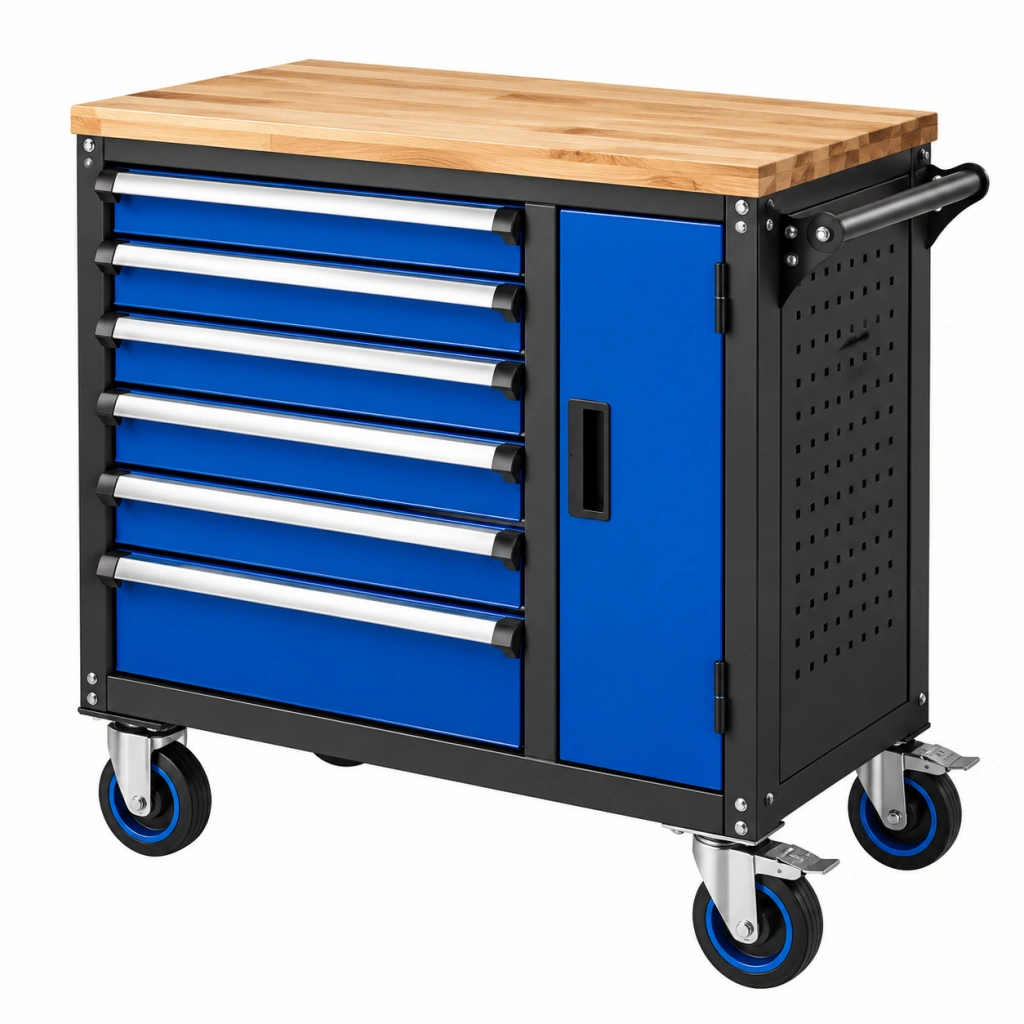 Carrello portautensili 100 x 50 x 100 cm in acciaio blu e nero con piano in legno e ruote - Ulmavora