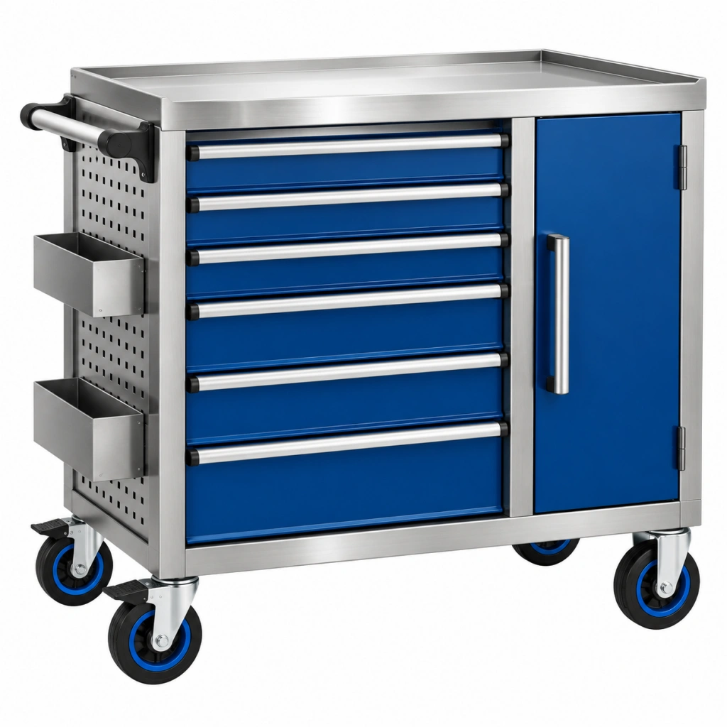 Carrello portautensili 100x50x100 cm in acciaio blu e argento con 6 cassetti e ruote - Ulmavora