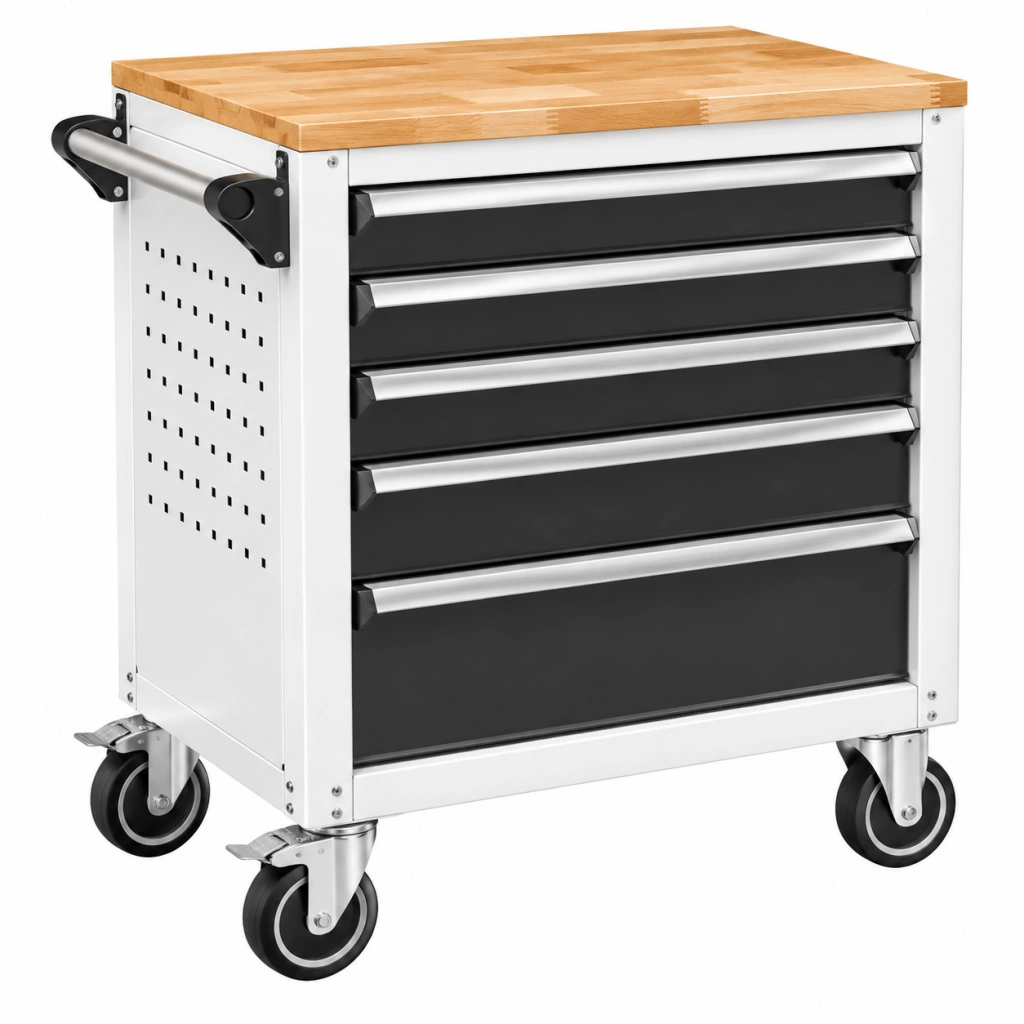 Carrello portautensili 76 x 46 x 97 cm in acciaio bianco e nero con piano in legno e 5 cassetti - Ulmavora