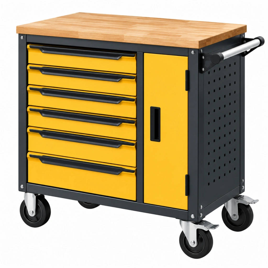 Carrello portautensili 100 x 50 x 90 cm in acciaio giallo e nero con piano in legno e 6 cassetti - Ulmavora