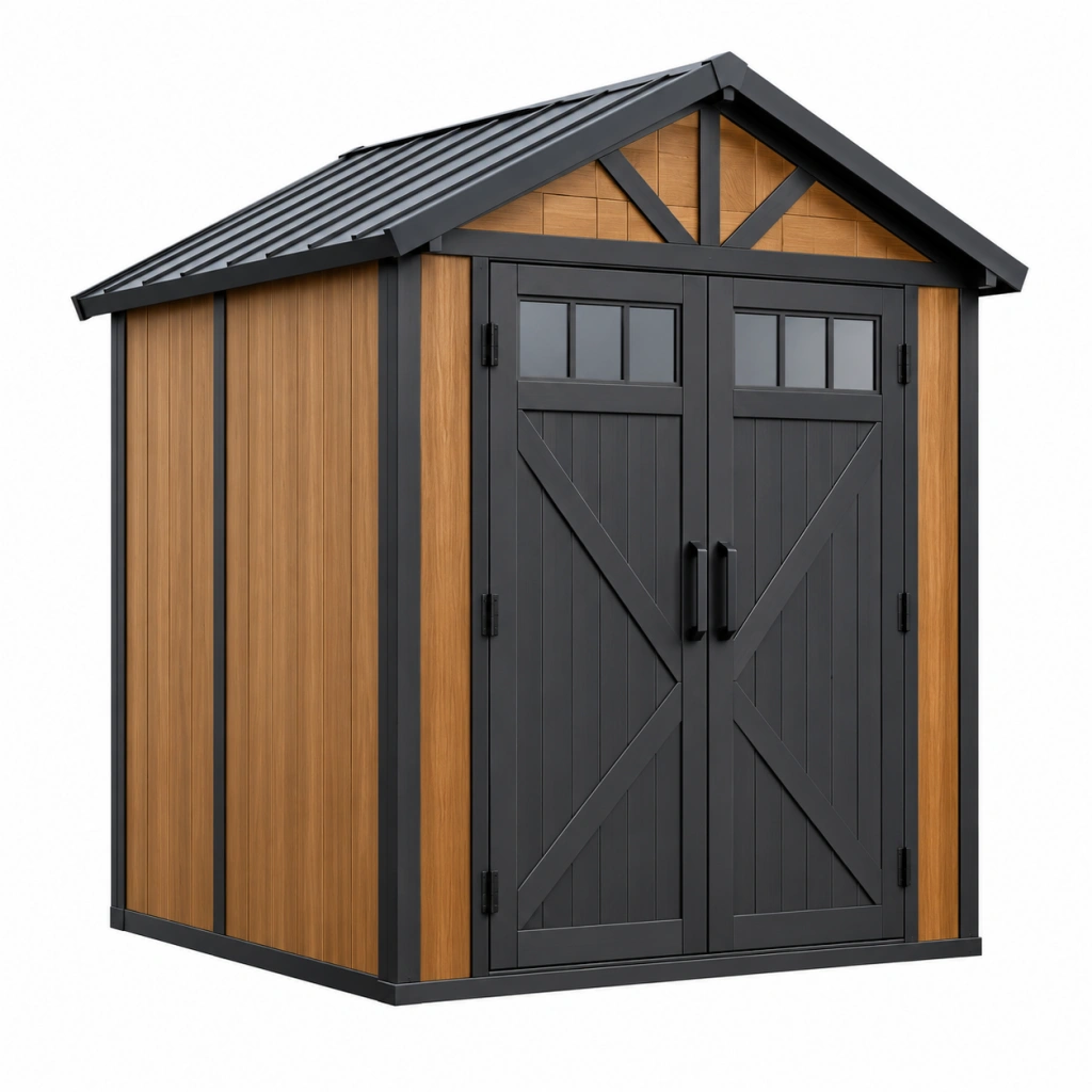 Casetta da giardino 180 x 120 x 200 cm in legno e metallo marrone/nero con doppia porta stile rustico - Ulmavora