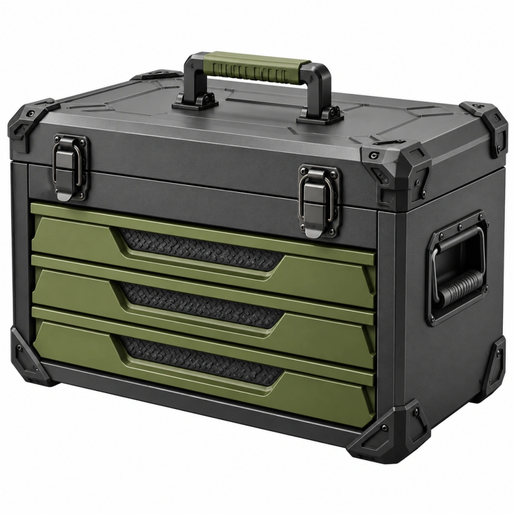 Cassetta portautensili 50 x 30 x 35 cm in plastica rigida nero verde con cassetti stile tecnico - Ulmavora