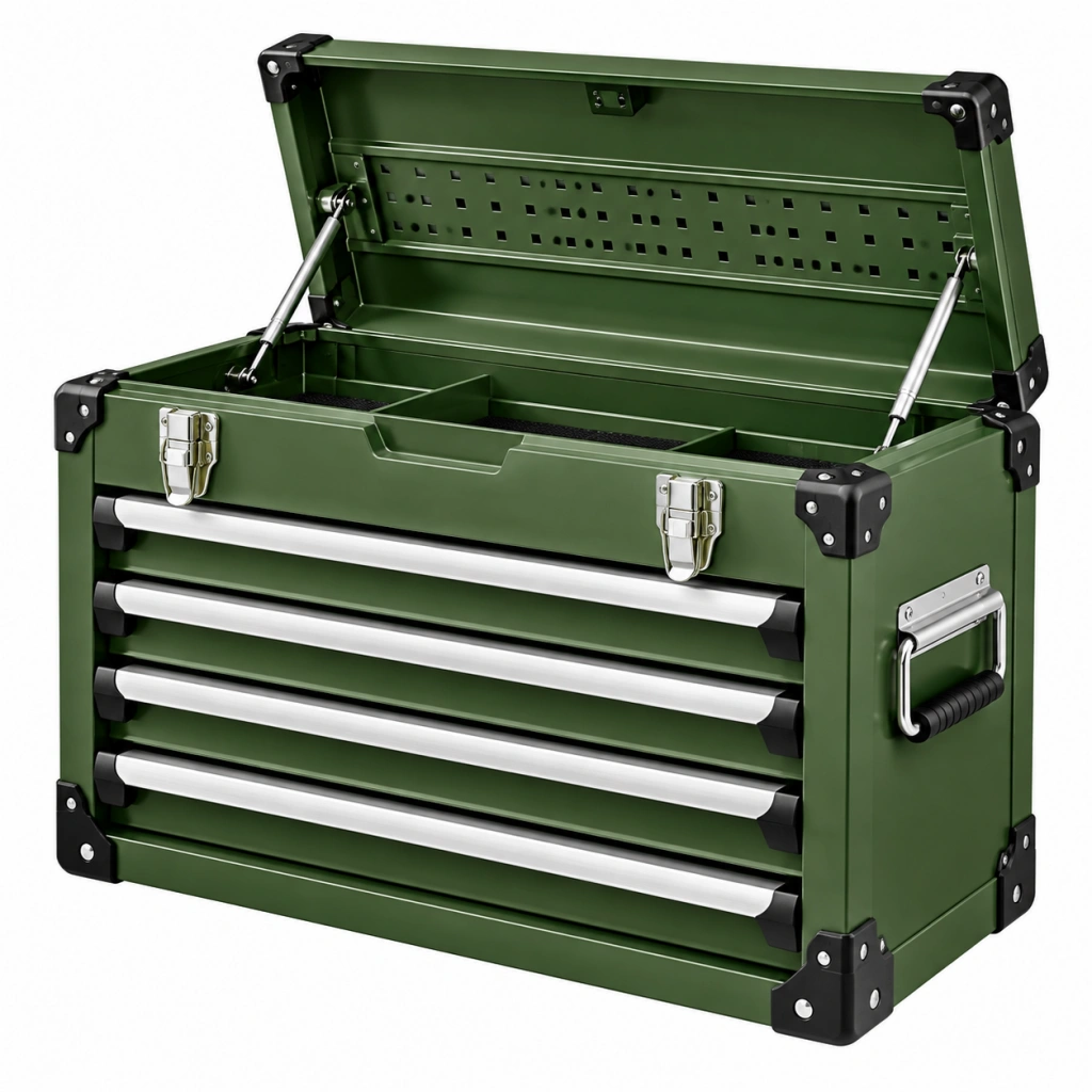 Cassettiera portautensili 80 x 40 x 50 cm in acciaio verde con cassetti e vano superiore - Ulmavora